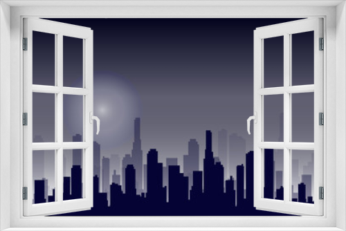 Fototapeta Naklejka Na Ścianę Okno 3D - Flat cityscape. Vector illustration. Modern City Skyline, Daytime Panoramic Urban Landscape with Silhouette Buildings and Skyscraper Towers in moon light