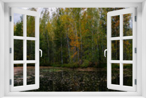 Fototapeta Naklejka Na Ścianę Okno 3D - Beautiful autumn landscape. Scenic swamp in the forest. Reflection of trees. 