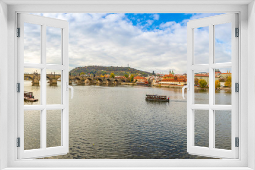 Fototapeta Naklejka Na Ścianę Okno 3D - Panorama view of Prague Castle and Charles bridge over river Vltava in november day, Prague, Czech Republic