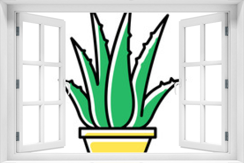 Fototapeta Naklejka Na Ścianę Okno 3D - Houseplant green color icon. Potted aloe vera. Cactus sprouts and succulent leaves. Growing medicinal herb. Decorative plant. Evergreen flora. Cultivation, vegetation. Isolated vector illustration