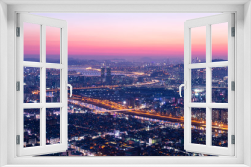 Fototapeta Naklejka Na Ścianę Okno 3D - Seoul City and skyline with skyscrapers in Sunset, Han river in Aerial view of Yongma Mountain or Yongmasan