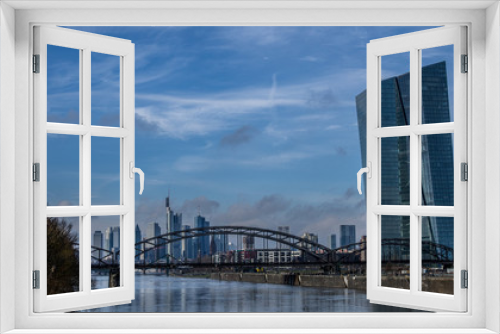 Fototapeta Naklejka Na Ścianę Okno 3D - Frankfurter Skyline mit Blick auf EZB über Deutschherrnbrücke