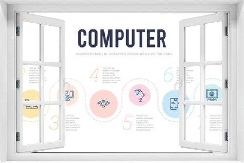 computer concept infographic design template. included video lecture, surfing the net, book and computer mouse, study lamp, wi fi, circular de icons