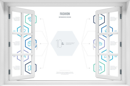 fashion concept business infographic design with 10 hexagon options. outline icons such as samurai helmet, general helmet, feminine fashion handbag for money, diamond precious stone, electrical