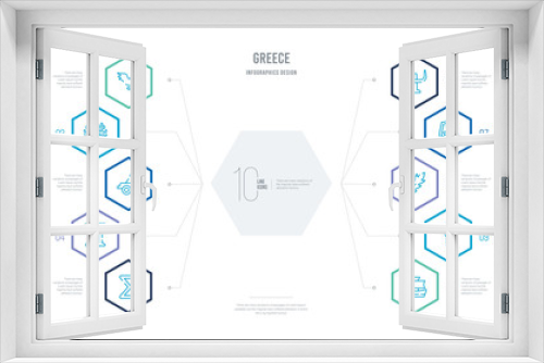 greece concept business infographic design with 10 hexagon options. outline icons such as trireme, sports torch, ink and quill, aspis, psi, pillar