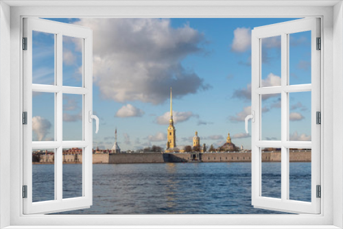Fototapeta Naklejka Na Ścianę Okno 3D - Peter and Paul Fortress viewed from Neva river in Saint Petersburg, Russia. The fortress was built in 18 century and is now one of the main attractions in St. Petersburg.