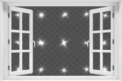 Fototapeta Naklejka Na Ścianę Okno 3D - White glowing light explodes on a transparent background. Sparkling magical dust particles. Bright Star. Transparent shining sun, bright flash. Vector sparkles. To center a bright flash.