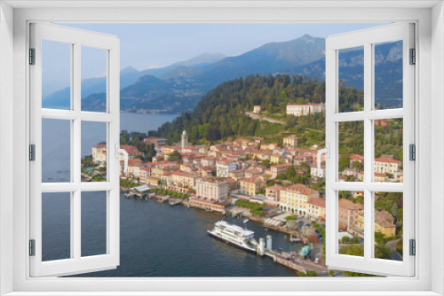 Fototapeta Naklejka Na Ścianę Okno 3D - Aerial view. In the frame is the famous Italian city of Bellagio. The spa town is located in the center of Lake Como. Ancient villas and houses are inscribed in a beautiful hilly landscape