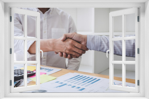 Fototapeta Naklejka Na Ścianę Okno 3D - Teamwork partnership meeting concept, Business handshake after discussing good deal of Trading contract for both companies and gesturing people connection deal, Meeting and greeting of collaboration