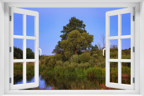 Fototapeta Naklejka Na Ścianę Okno 3D - A beautiful river on a summer evening against the sky and moon, with a Bank overgrown with reeds and trees.