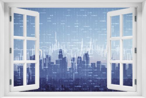 Fototapeta Naklejka Na Ścianę Okno 3D - Forex chart on cityscape with skyscrapers wallpaper double exposure. Financial research concept.