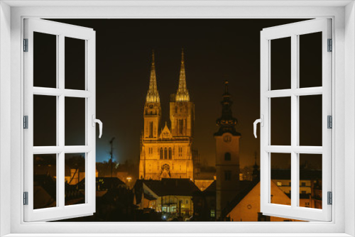 Zagreb Cathedral and St. Mary's Church in the night. Capital of Croatia, panoramic view