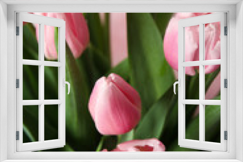 Fototapeta Naklejka Na Ścianę Okno 3D - Bouquet of beautiful spring tulips on light pink background, closeup