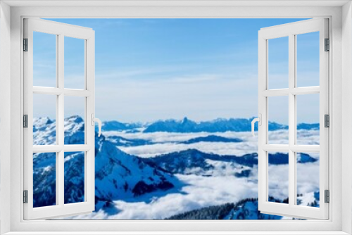 Fototapeta Naklejka Na Ścianę Okno 3D - beautiful mountain panorama snow covered swiss alps. panoramic picture of the snowy mountains in switzerland, sunny blue sky