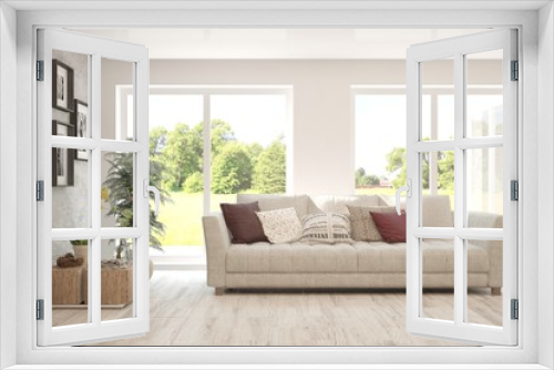 Stylish room in white color with sofa and summer landscape in window. Scandinavian interior design. 3D illustration