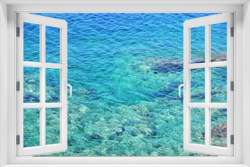 Fototapeta Naklejka Na Ścianę Okno 3D - Amazing azure sea water and rocks. Beautiful natural beach with white stones and turquoise water. Halkidiki Greece Blue Flag Beach. Coral reef in the sea. White rocks and blue transparent ocean 