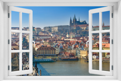 Fototapeta Naklejka Na Ścianę Okno 3D - Prague, Charles bridge and Prague Castle, Vltava panorama
