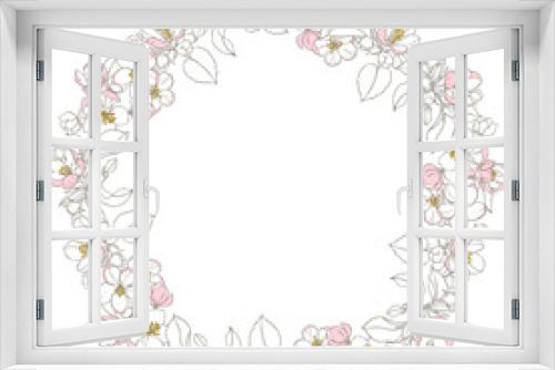 Fototapeta Naklejka Na Ścianę Okno 3D - Round vector frame with blooming apple tree branches on white. Illustration with place for text, can be used creating card, menu or invitation card.