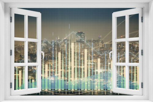 Fototapeta Naklejka Na Ścianę Okno 3D - Financial graph on night city scape with tall buildings background double exposure. Analysis concept.