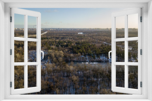 Fototapeta Naklejka Na Ścianę Okno 3D - Aerial drone view. Snowy forest.