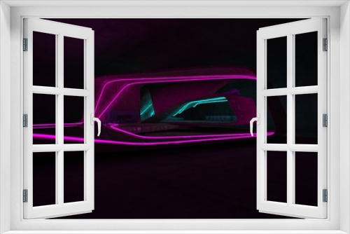 Fototapeta Naklejka Na Ścianę Okno 3D - Abstract architectural concrete and rusted metal interior of a minimalist house with colored neon lighting. 3D illustration and rendering.