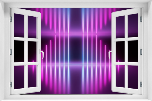 Blue and purple luminous fluorescent neon lights. Pure reflective dark metal surface. Sci Fi futuristic stage empty background. 3d rendering - illustration.Keywords language: English