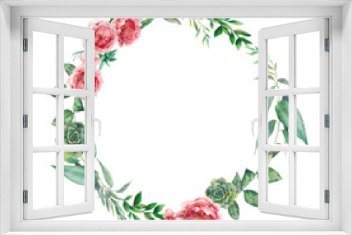 Fototapeta Naklejka Na Ścianę Okno 3D - Watercolor eucalyptus branches and pink flowers wreath. Hand painted floral clip art: round frame isolated on white background.