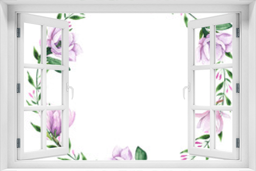 Fototapeta Naklejka Na Ścianę Okno 3D - Watercolor floral wreath with pink and lilac tropical flowers magnolias, green leaves, gold elements. Wedding invitations, greeting cards