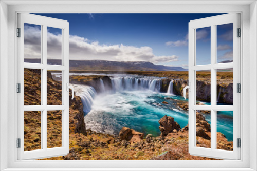 Fototapeta Naklejka Na Ścianę Okno 3D - Panorama of most famous place of Golden Ring Of Iceland. Godafoss waterfall near Akureyri in the Icelandic highlands, Europe. Popular tourist attraction. Travelling concept background. Postcard.