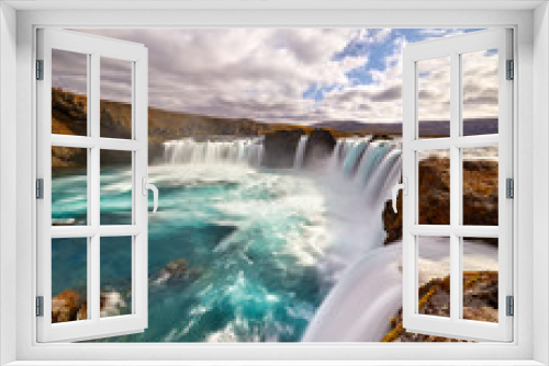 Fototapeta Naklejka Na Ścianę Okno 3D - Panorama of most famous place of Golden Ring Of Iceland. Godafoss waterfall near Akureyri in the Icelandic highlands, Europe. Popular tourist attraction. Travelling concept background. Postcard.
