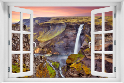 Fototapeta Naklejka Na Ścianę Okno 3D - Amazing panoramic view of Haifoss waterfall on the Fossa river near the volcano Hekla, the second highest waterfall in Iceland, 122 meters high, Scandinavia, Europe. Travel concept background..