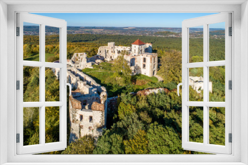 Ruins of medieval Tenczyn castle in Rudno near Krakow in Poland. Aerial view in fall