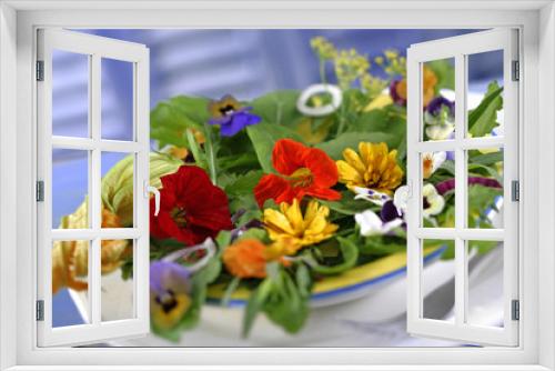 Fototapeta Naklejka Na Ścianę Okno 3D - Salade de fleurs- Capucines,pensées,courgettes,soucis