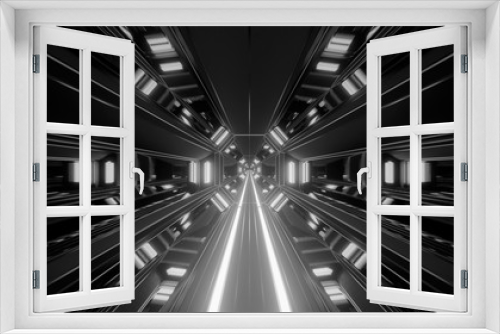 Fototapeta Naklejka Na Ścianę Okno 3D - 3d illustration background wallpaper of a futuristic science-fiction tunnel hangar corridor with glowing metal graphic artwork