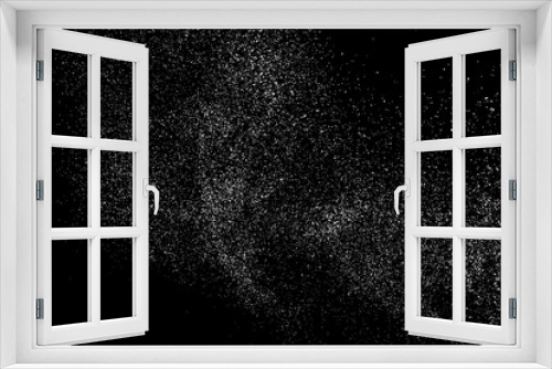 Fototapeta Naklejka Na Ścianę Okno 3D - White Grainy Texture Isolated On Black Background. Dust Overlay. Light Coloured Noise Granules. Snow Vector Elements. Digitally Generated Image. Illustration, Eps 10.