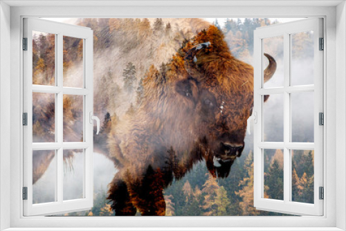 Fototapeta Naklejka Na Ścianę Okno 3D - double exposure of bison and foggy forest