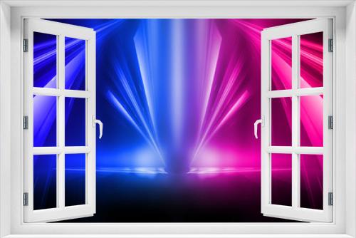 Fototapeta Naklejka Na Ścianę Okno 3D - Empty stage, blue and pink, purple  neon, abstract background. Rays of searchlights, light, abstract tunnel, corridor.