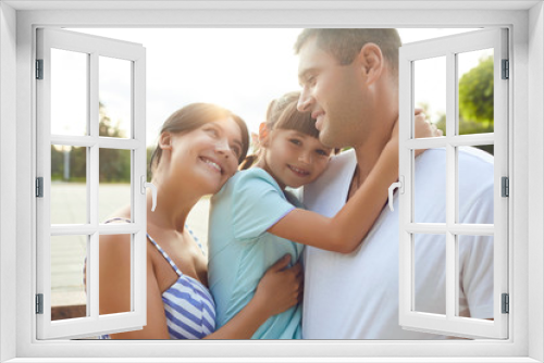 Happy family on a city street.