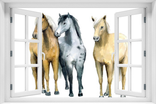 Fototapeta Naklejka Na Ścianę Okno 3D - Watercolor cute horses on the white background