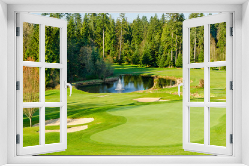 Fototapeta Naklejka Na Ścianę Okno 3D - Beautiful golf place with gorgeous green and pond