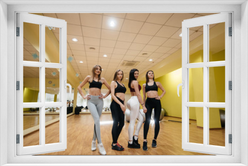 A group of young sports girls posing in the gym after a workout. Fitness. Healthy lifestyle.