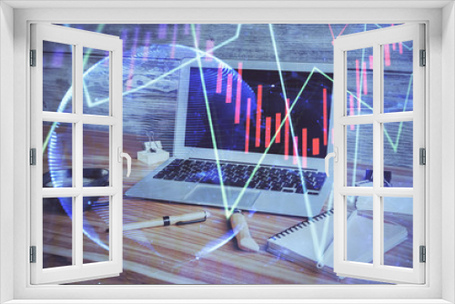 Fototapeta Naklejka Na Ścianę Okno 3D - Financial graph colorful drawing and table with computer on background. Double exposure. Concept of international markets.
