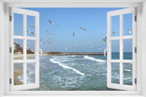 Fototapeta Naklejka Na Ścianę Okno 3D - A Flock Of Seabirds Fly Over The Blue Sea.