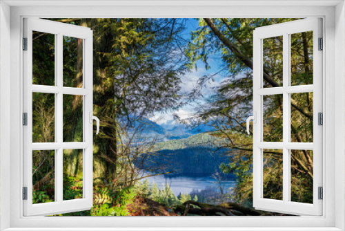 Fototapeta Naklejka Na Ścianę Okno 3D - Throuh the trees from TransCanada trail to Burrard Inlet, Indian Arm and North Shore mountains beyond