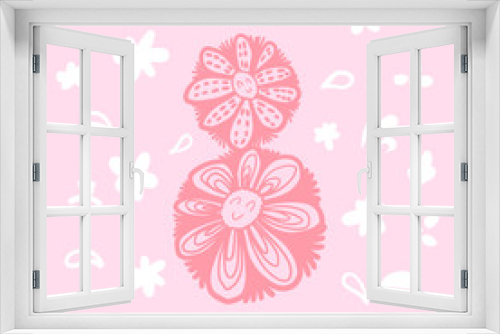 Fototapeta Naklejka Na Ścianę Okno 3D - Doodle greeting card with smile number 8. Vector hand-drawing greeting card with smile flowers. Doodle flowers greeting card white on a pink background. For March 8, International Women's Day.