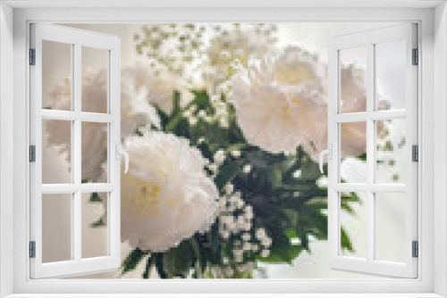 Fototapeta Naklejka Na Ścianę Okno 3D - White peonies flowers with Gypsophila in vase on white background