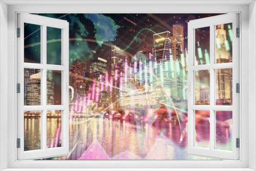 Fototapeta Naklejka Na Ścianę Okno 3D - Financial chart on city scape with tall buildings background multi exposure. Analysis concept.