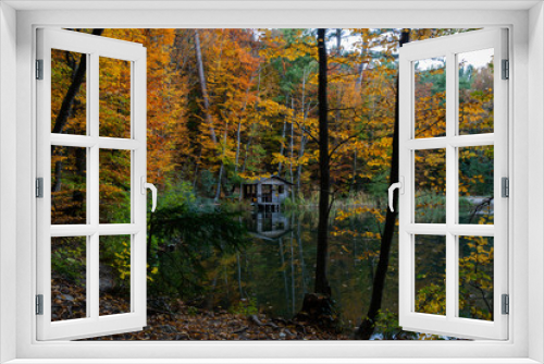 Fototapeta Naklejka Na Ścianę Okno 3D - Autumn landscape with a house and a lake; Turtle lake in autumn Yalta Crimea