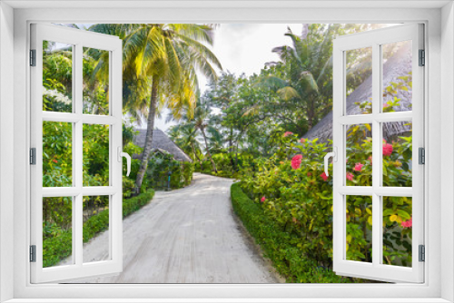 Fototapeta Naklejka Na Ścianę Okno 3D - Peaceful white sand pathway of a tropical resort in Maldives