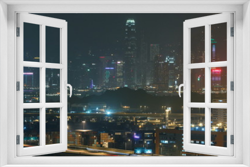 Fototapeta Naklejka Na Ścianę Okno 3D - Hong Kong Skyline near Container Terminal Night timelapse